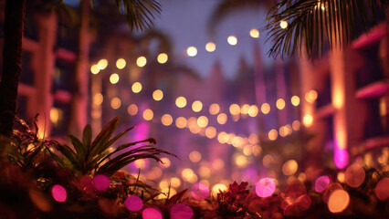 A dreamy evening scene featuring warm string lights creating beautiful bokeh amidst lush, out-of-focus tropical foliage, setting a magical mood.