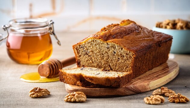 gluten banana bread with walnuts and honey sliced