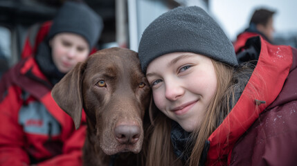 A smiling girl in a cozy red jacket snuggles close to her brown dog, both enjoying a moment outdoors with snowy surroundings.
