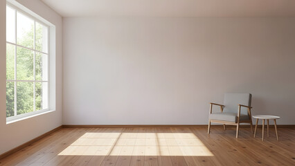 Fototapeta premium Sun-Drenched Serenity: Minimalist Room with Light-Filled Window and Comfortable Armchair inviting interior space