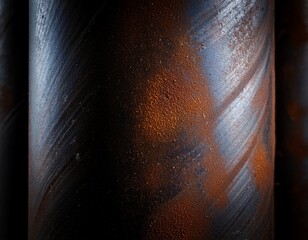 a close up view of a dark rusty metal pipe