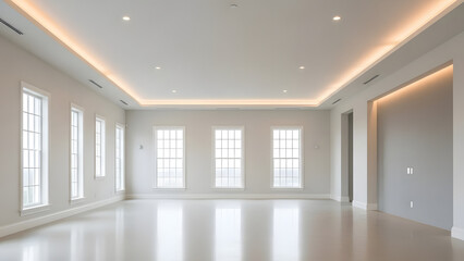 Serene expanse interior showing architectural elegance with ample natural lighting and subtle illumination offering