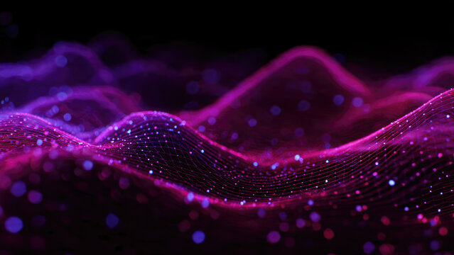 Dynamic abstract illustration of a digital mesh network with glowing pink and purple particles, creating a futuristic data visualization.