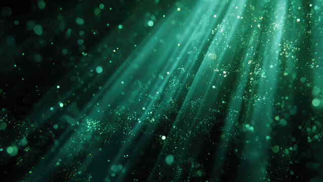 Hypnotic emerald light rays penetrate dark depths, revealing a magical shower of shimmering glitter and bokeh particles, forming a captivating, ethereal abstract.