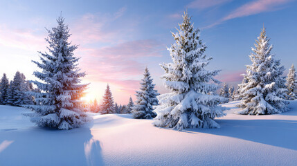 Snow-covered evergreen trees stand majestically in a winter landscape, illuminated by the soft glow of a sunrise, creating a serene and peaceful atmosphere in nature