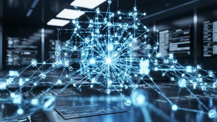 Futuristic control room interface with displays and glowing orb. - Powered by Adobe