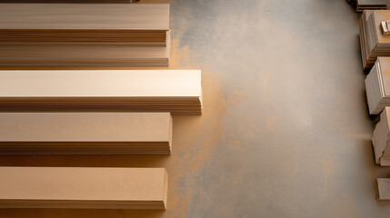 A neatly arranged collection of wooden panels in neutral tones, showcasing varying textures and shades against a softly colored background.