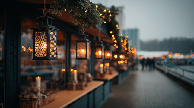 A charming street scene adorned with glowing lanterns and festive lights, creating a cozy atmosphere perfect for a winter evening stroll.