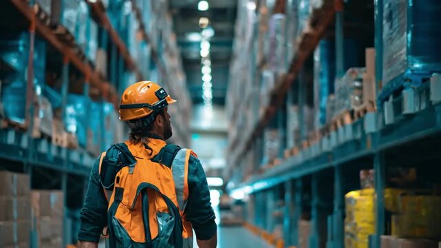 Warehouse worker equipped with a wearable sensor detecting exposure to environmental hazards in a large logistics center. - Powered by Adobe