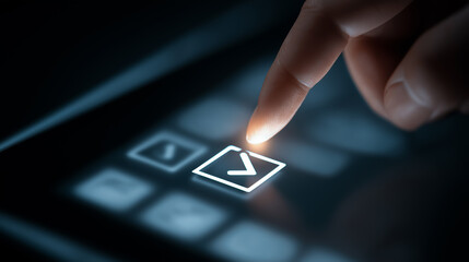 Close-up of a touchscreen interface where a finger taps a glowing checkbox icon, backlit with cool studio light, symbolizing digital approval and workflow validation.