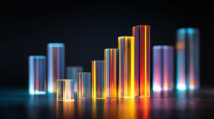 High-end close-up of a 3D bar chart made of polished acrylic blocks, illuminated from below, with one bar highlighted in bright neon to represent growth and strategic performance.