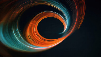 Mesmerizing abstract light trails in glowing orange and teal hues form a dynamic spiral against a dark background, evoking motion and digital energy.