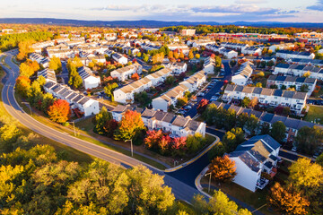 Aerial view of suburban townhomes near Washington, Virginia, at sunset