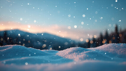 A magical winter scene with falling snow, soft drifts reflecting warm light, and a serene sky over distant, blurred mountains.