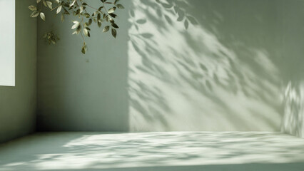 Fototapeta premium Minimalist sage green room with natural light and dancing leaf shadows on walls and floor, creating a serene and empty studio backdrop.