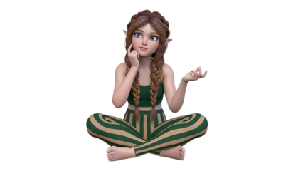A cartoon elf girl with braided hair sitting cross legged against a black background and thinking hard