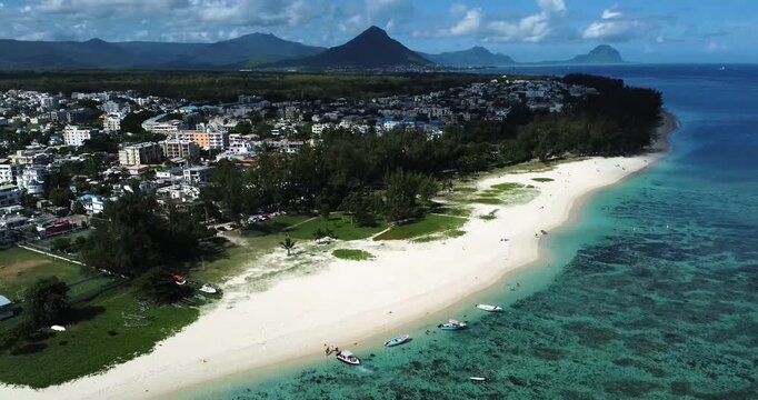 Aerial view of Flic en Flac beach resort  and lagoon in Mauritus Island