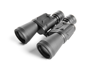 Black modern binoculars on white background