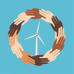A circle of diverse, multiethnic hands surrounding a wind turbine, symbolizing unity for renewable and sustainable energy.