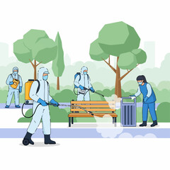 Team in protective hazmat suits disinfecting public park surfaces to prevent virus spread.