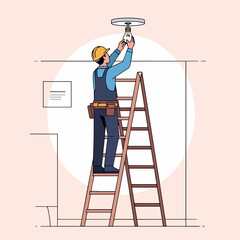 An electrician in a hard hat and overalls stands on a stepladder to install a lightbulb in a ceiling fixture.