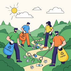 Illustration of a group of volunteers cleaning up a park path, sorting litter into recycling bags for plastics, paper, and glass.