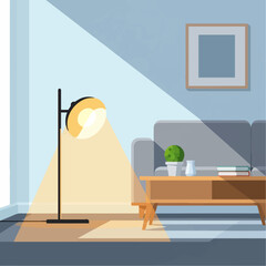 Modern living room interior with a floor lamp casting warm light, contrasting with the cool tones of sunlight and shadow.