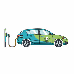 A modern electric hatchback car being recharged at a public EV charging station, depicted in a clean vector illustration style.