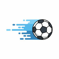 A classic soccer ball flying quickly through the air with a blue motion trail effect.