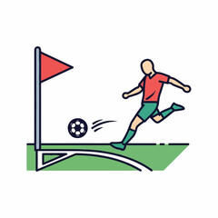 A soccer player in a red shirt and green shorts takes a corner kick on the field.