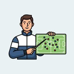 A cartoon football coach explaining game strategy on a tactics board with a pointer.