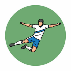 Cartoon illustration of a male soccer player jumping in the air to celebrate a goal inside a green circle.