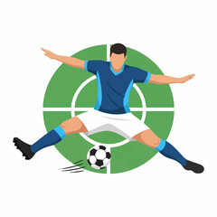 Vector illustration of a soccer player in mid-air kicking a ball with a green target background.
