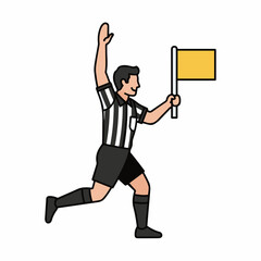 Illustration of a male sports referee in a striped uniform running and signaling with a yellow flag.