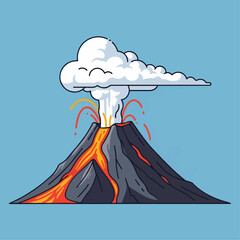 Cartoon volcano eruption with flowing lava and a plume of smoke against a blue sky.