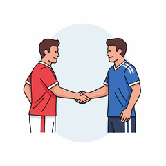 Two male soccer players from opposing teams shaking hands in a display of good sportsmanship.