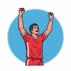 Illustration of a happy male athlete in a red uniform celebrating a victory with his arms raised in the air.