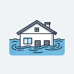 A simple cartoon illustration of a house partially submerged in rising flood waters.