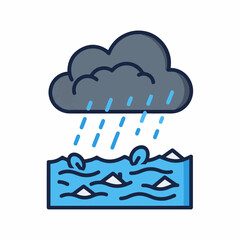 A cartoon icon of a dark storm cloud raining heavily into a flooded area with waves.
