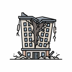 A cartoon illustration of a building destroyed and cracked in half by an earthquake, with debris on the ground.