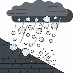 Illustration of a severe hailstorm with large hailstones and rain falling from a dark cloud and hitting a shingled roof.