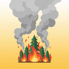 A vector illustration of a forest fire with evergreen trees burning and thick grey smoke rising into the sky.