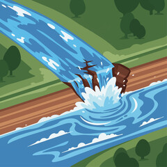 A powerful torrent of water gushes from a broken dam, flooding the river in a green valley illustration.