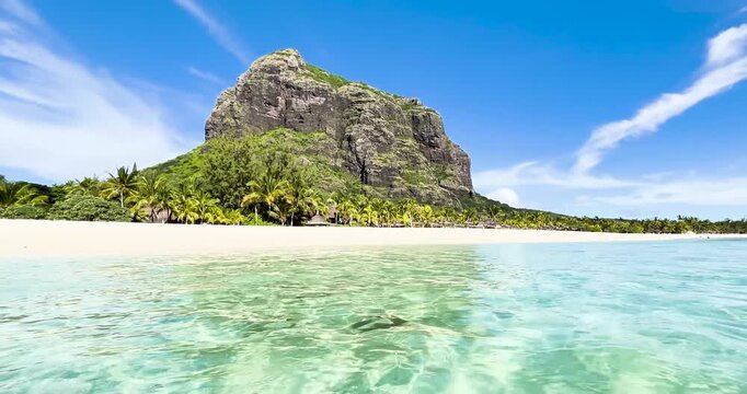Paradise beach with view on turquoise sea near Le Morne, Mauritus Island
