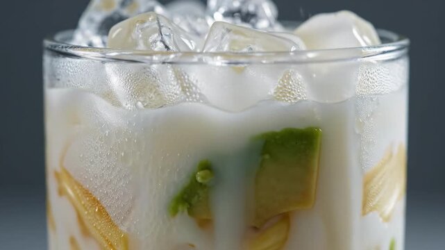 Refreshing Buko Pandan Drink with Ice and Creamy Milk Being Poured in a Glass.