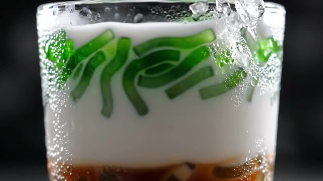Refreshing Cendol Drink with Green Jelly and Coconut Milk.
