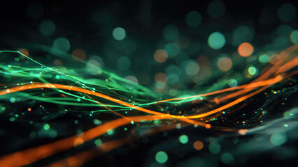 Abstract digital landscape with vibrant green and orange light trails amidst glowing bokeh. Represents data flow, technology, and interconnected networks.