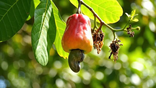 Cashew fruit hanging from a tree branch with green leaves.