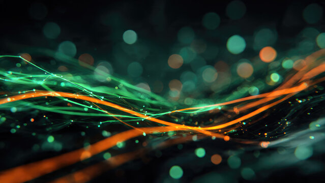 Abstract digital landscape with vibrant green and orange light trails amidst glowing bokeh. Represents data flow, technology, and interconnected networks. - Powered by Adobe