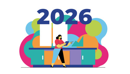 Businesswoman planning the future in 2026 Vector illustration of goals and organization